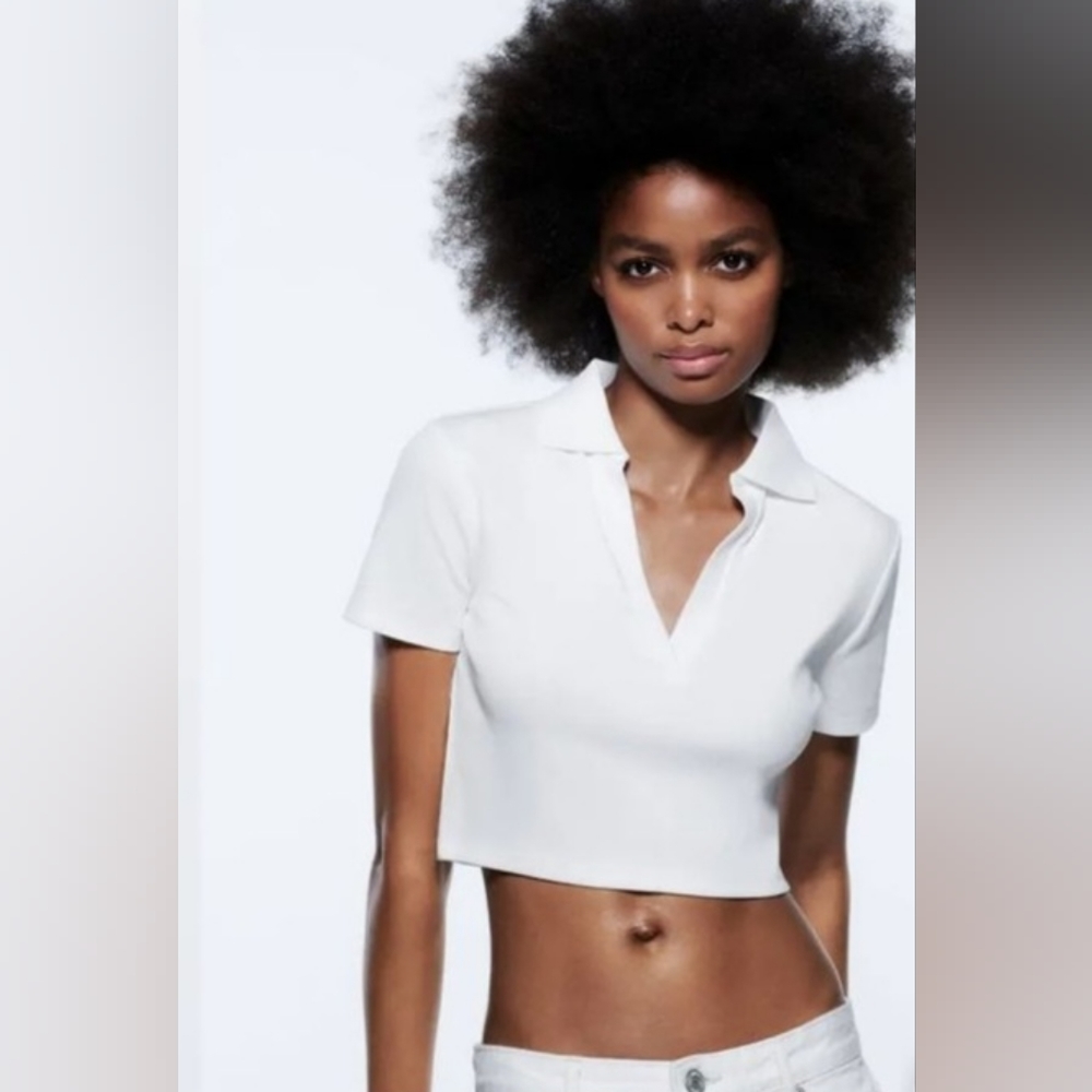 Zara Ribbed Cropped Polo Shirt